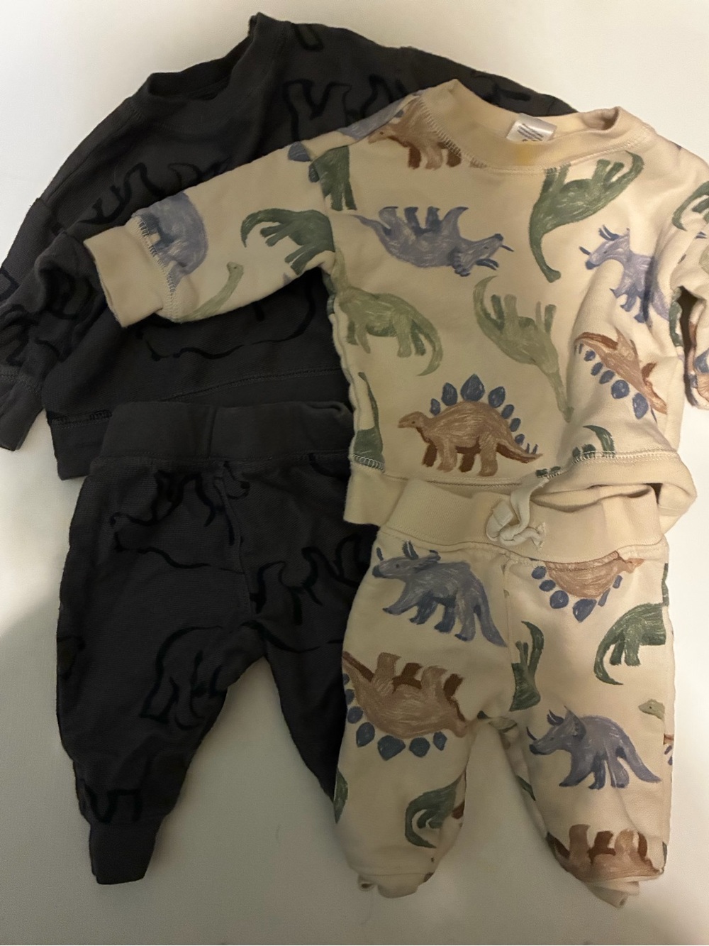 Baby Dinosaur and Bear Print Sweatshirt & Jogger Sets - Cream and Charcoal